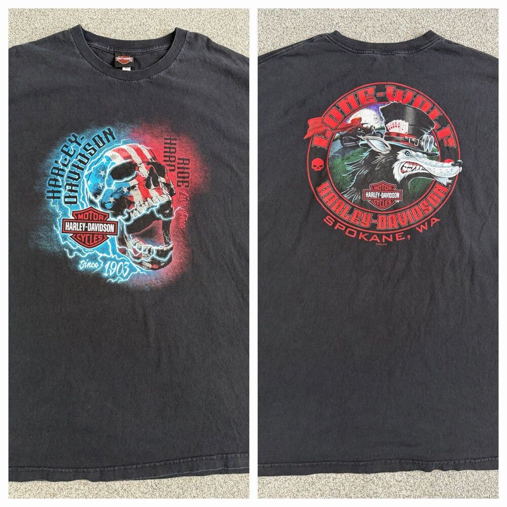 Harley Davidson LONE WOLF Spokane Double Sided TShirt Skull Black Size 4XL